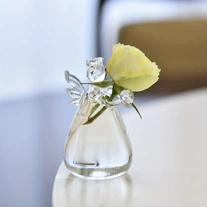 Stylish glass vase shaped like an angel, versatile for fresh or dried flowers, ideal for living room or dining table decor, no batteries needed.