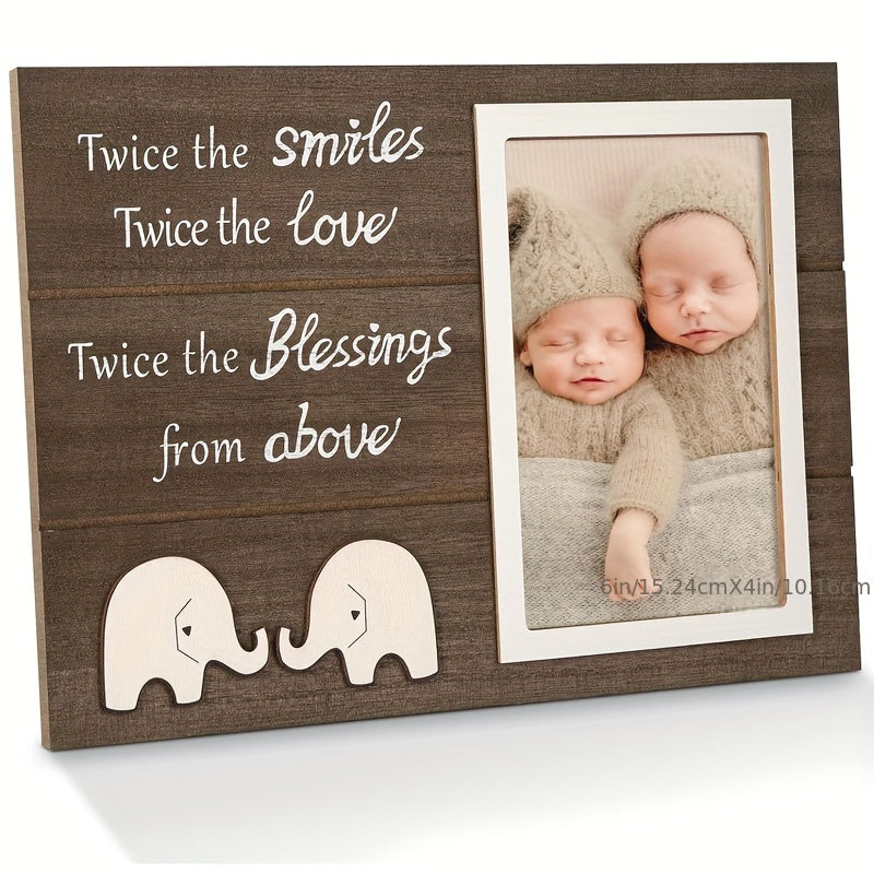 Wooden Twin Photo Frame with Elephant Design - Capture Double the Joy, Double the Love, Double the Blessings - Rectangular Picture Frame for Cherished Twins Forever Keepsake