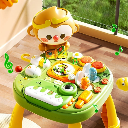 Green ABS plastic educational toy for kids featuring a detachable piano, interactive monkey character, and colorful display. Enhances cognitive development and promotes creative play.