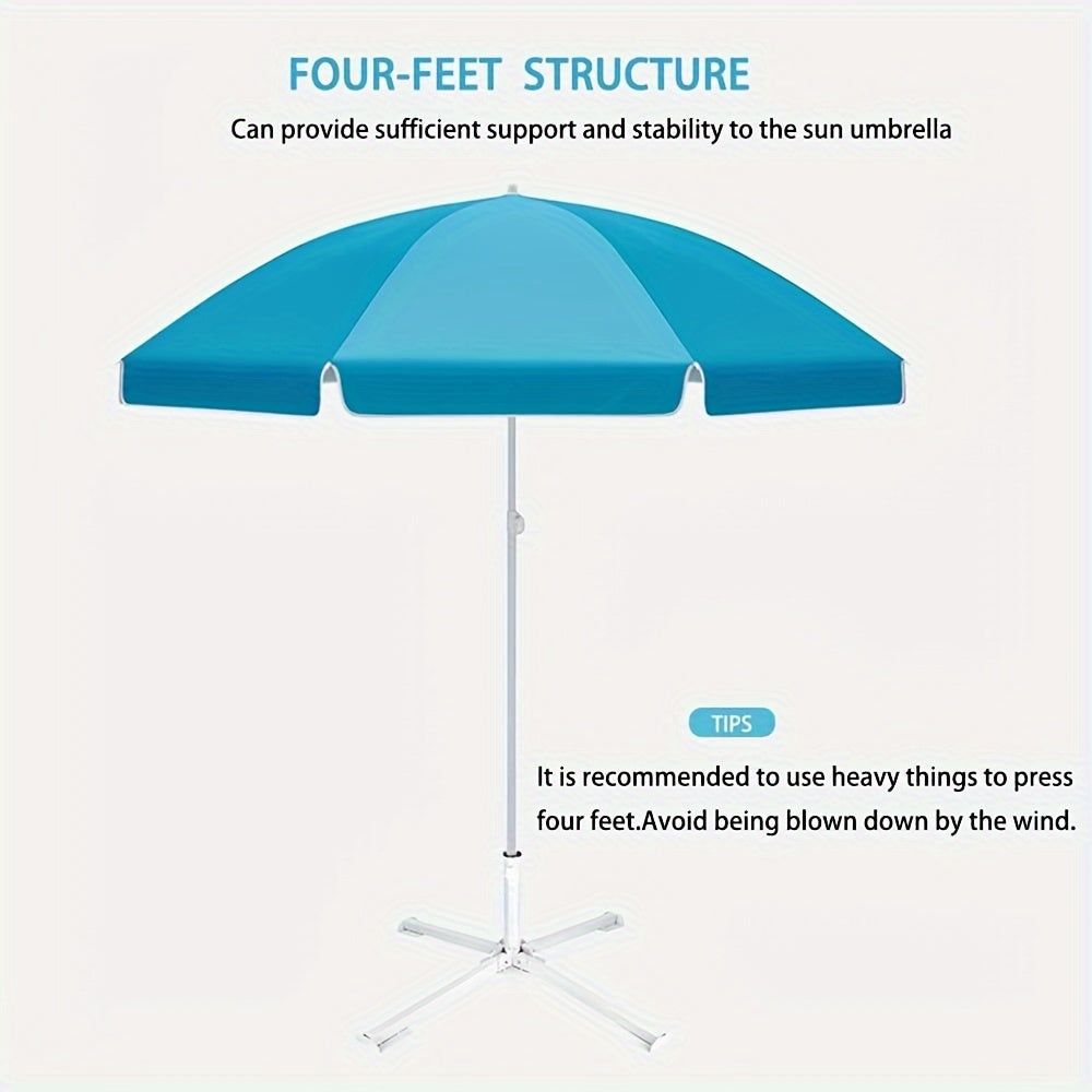 Durable portable patio umbrella base stand with stabilizing center hole, windproof and adjustable, made of white plastic and iron, suitable for outdoor use in beach and garden. Dimensions