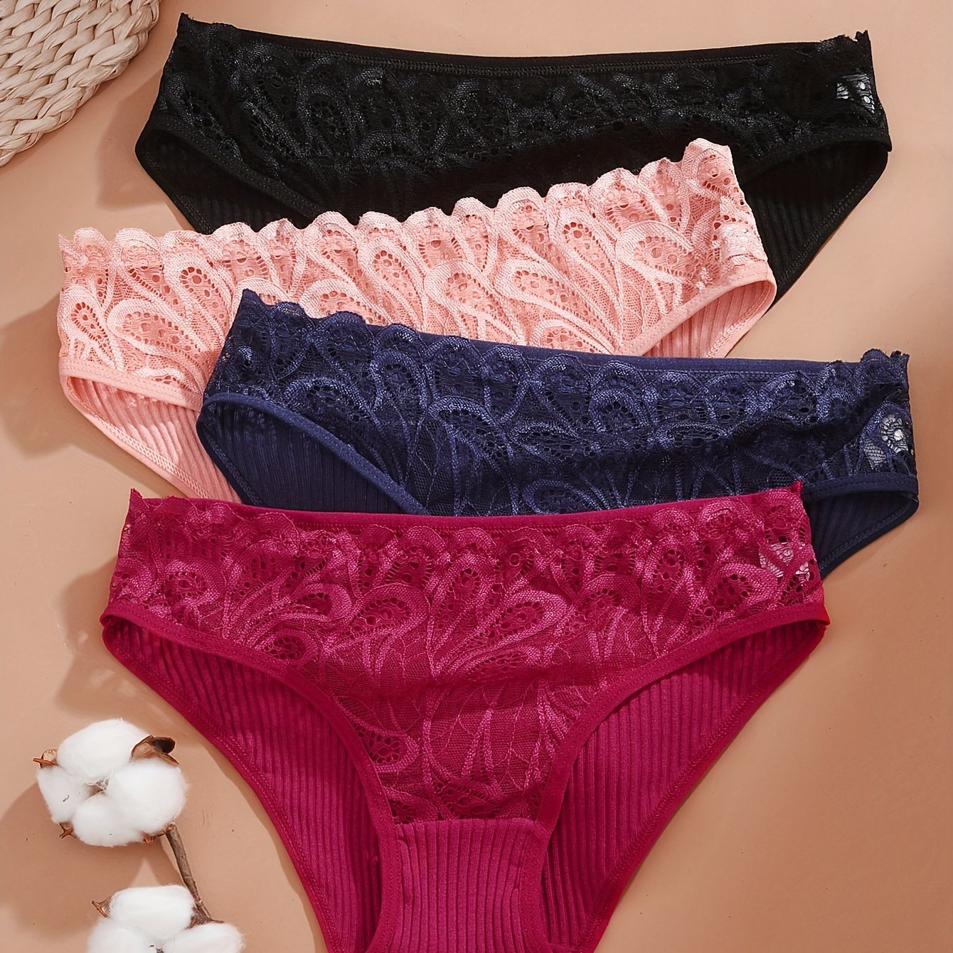 4 lace ribbed briefs, comfortable and breathable, perfect for women's lingerie and underwear.