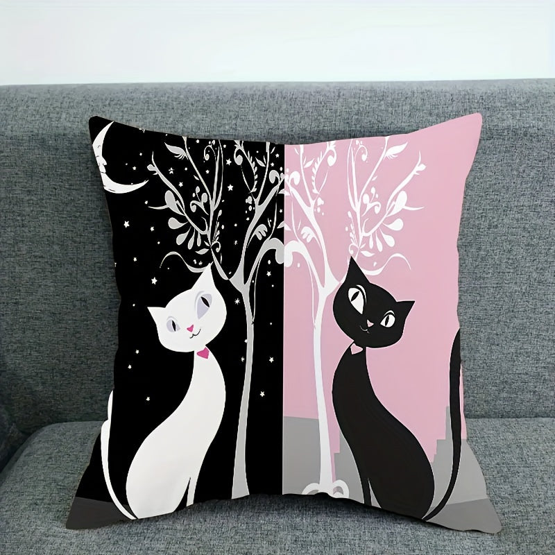 1pc Black and White Short Plush Cat Pillowcase, 45.72×45.72 cm, Zipper Closure, Single-sided Printed, Home Sofa and Bedroom Decoration, Pillow Core Not Included.