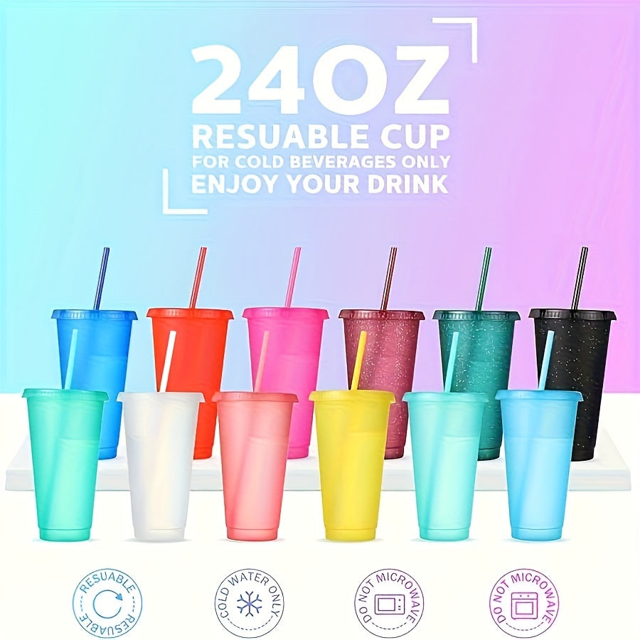 10 reusable 24oz tumblers with lids & straws, BPA-free, ideal for drinks at parties & gatherings.