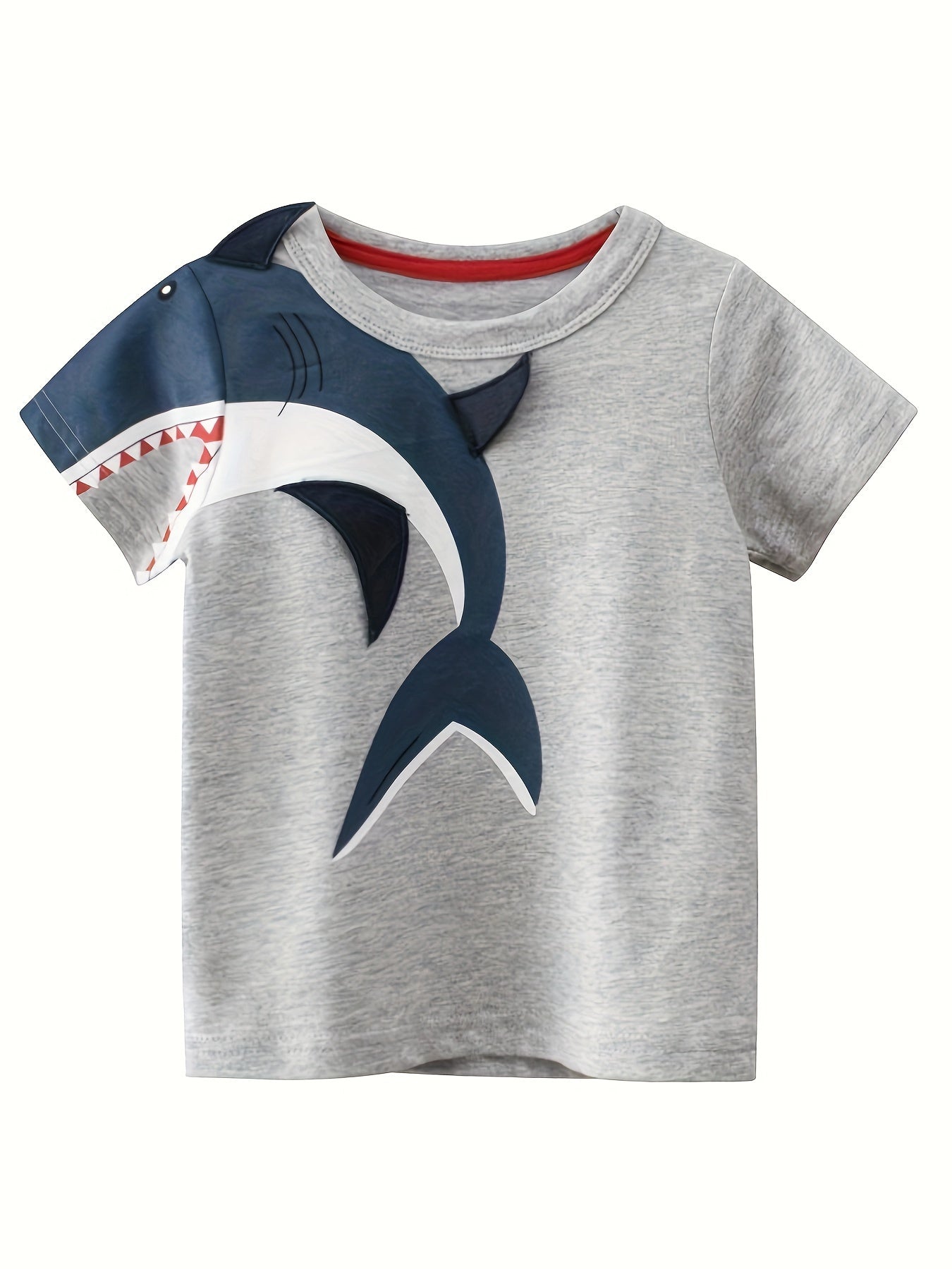 4 cute cartoon shark and dinosaur print boys' t-shirts, cool and versatile with smart short sleeves.