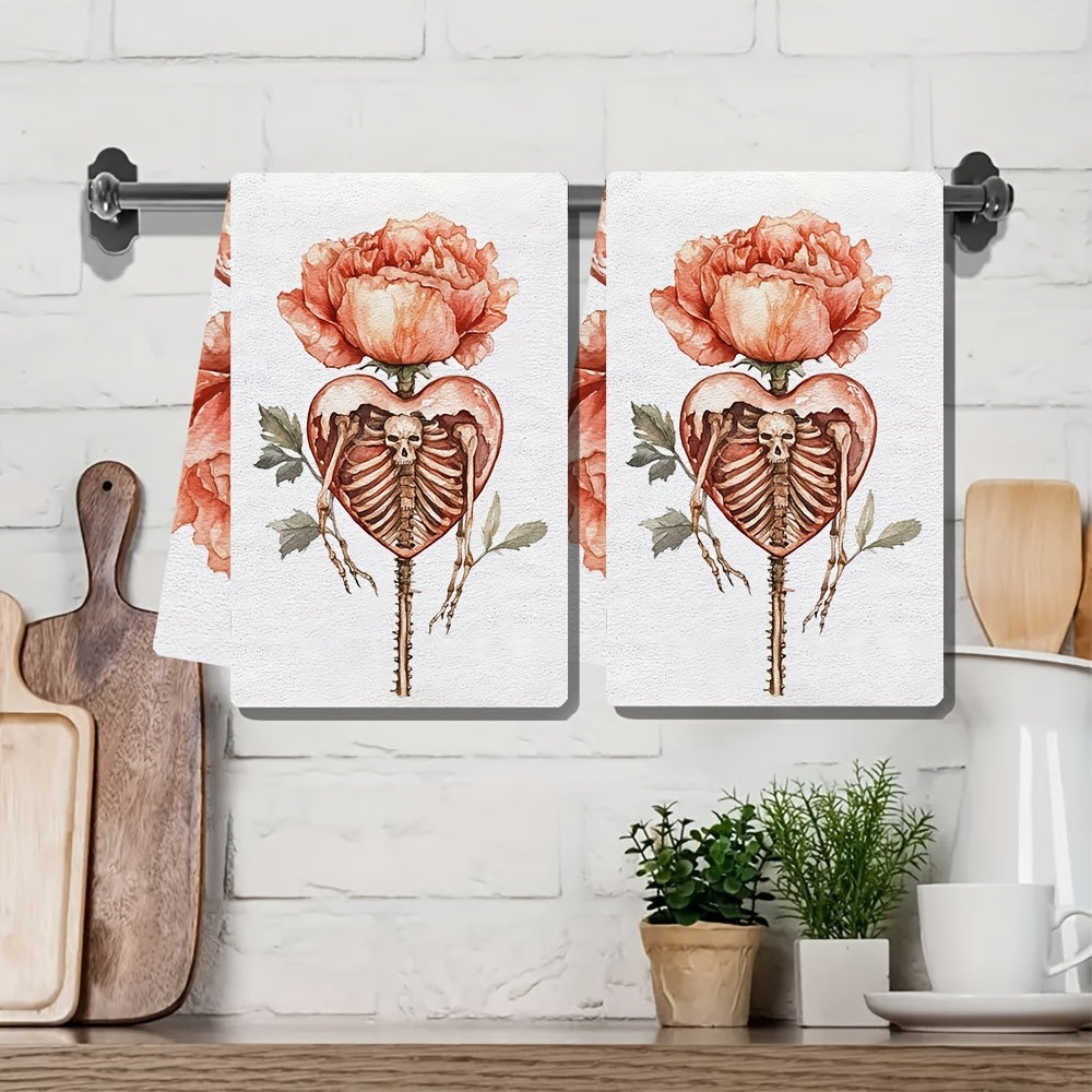 Set of 2 Ultra Soft Kitchen Towels featuring a Valentine's Day Skeleton Heart and Floral design. These towels are highly absorbent, machine washable, and measure 40.64x60.96 cm. They are perfect for holiday decor and Valentine's Day essentials, with a