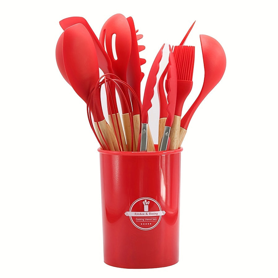 Set of 11/12 pieces Kitchenware with Wooden Handles, including Silicone Non-stick Pot, Cooking Shovel, Spoon, Storage Bucket, and Non-stick Shovel. An essential collection of high-quality kitchen utensils and items.