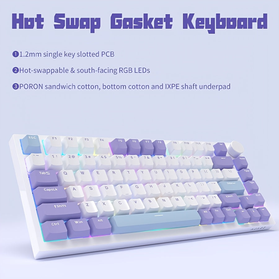 AJAZZ AK820 is a 75% wired mechanical gaming keyboard with volume knob, South-backlit LED, PBT keycaps, swappable RGB keys, ergonomic design, detachable USB-C cable, and keycap puller