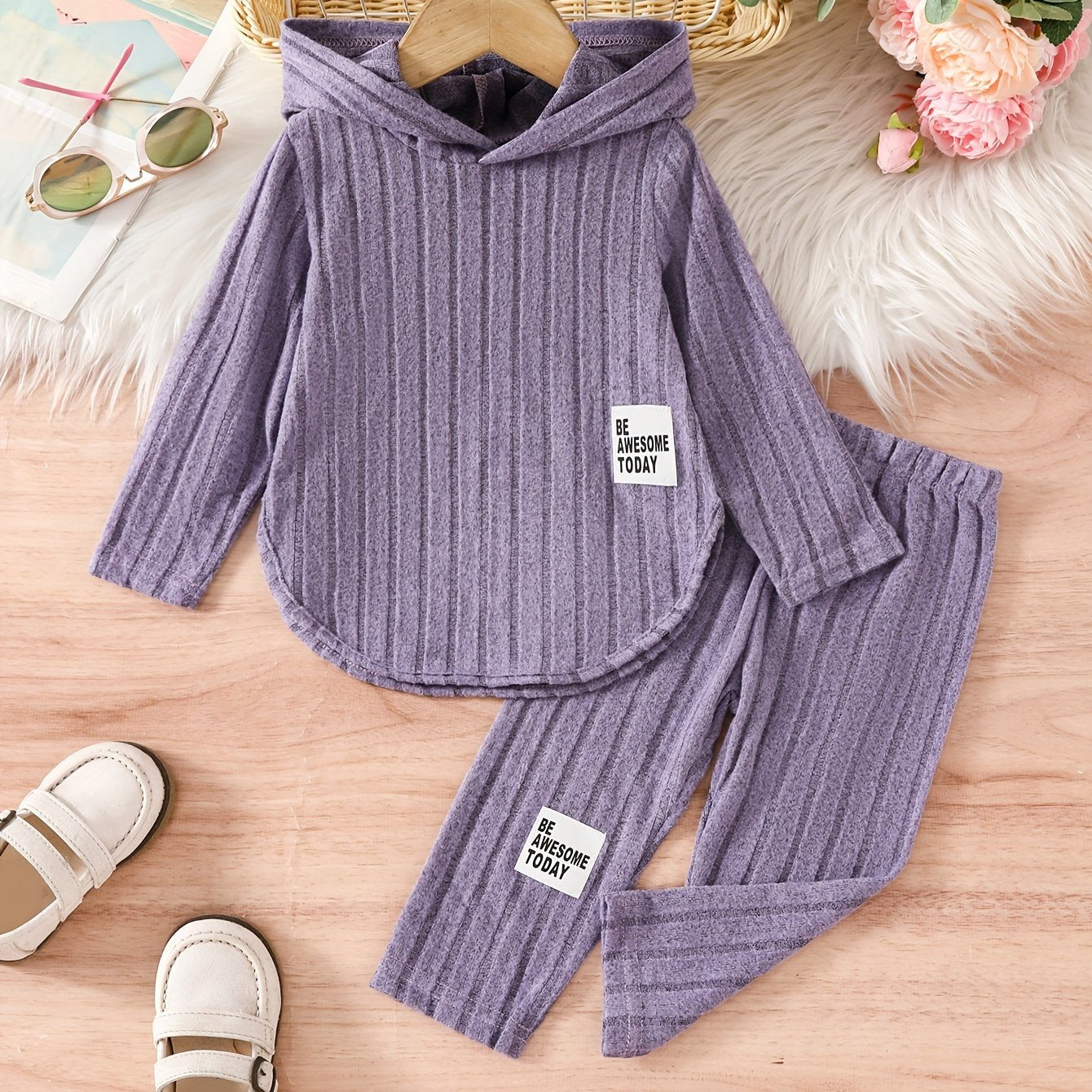 Chic striped hooded pants set for girls 12 and under, perfect for outdoor activities in spring and fall.