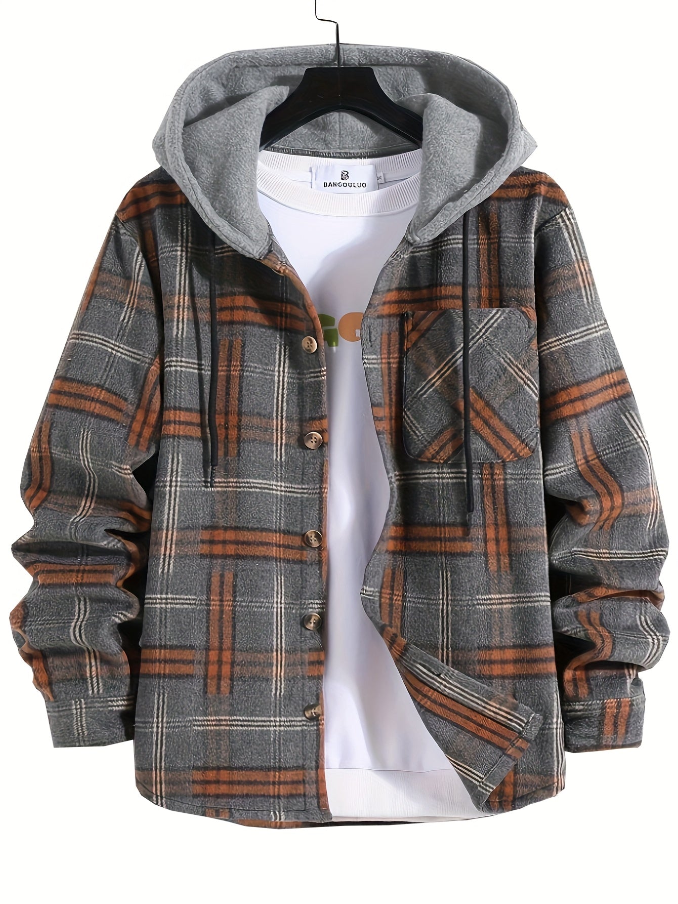 Men's Plaid Long Sleeve Jacket for Autumn, Warm and Casual with Hood