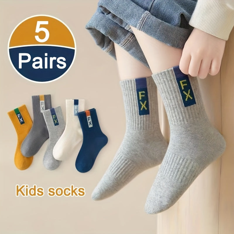 5 Boys' Solid Color Crew Socks - Comfortable for All Seasons, Youth, Knee-high