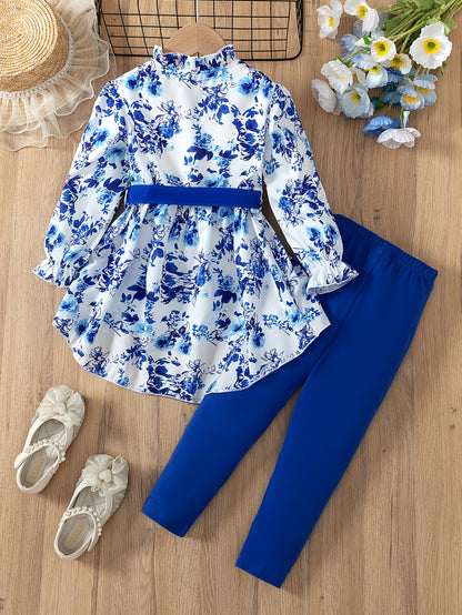 Girls' three-piece set with fashionable floral print, belt buckle detail, plain color, and long pants suit, perfect for spring and autumn.