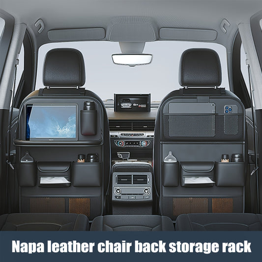 Napa PU Leather Car Seat Back Storage Organizer - Durable build, multi-functional trunk bag for SUVs & cars, black with white stitching, perfect gift for vehicle owners.