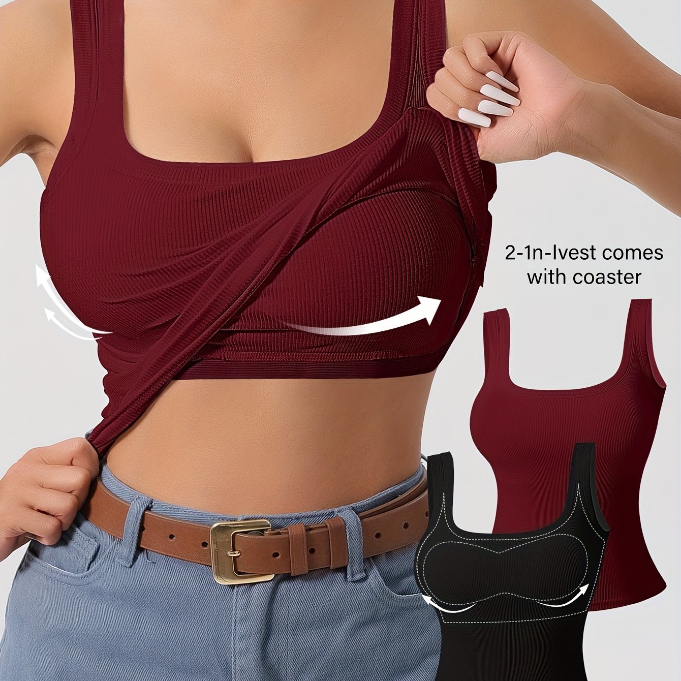 2 Simple Solid Square Neck Tank Tops with padded backless design for women's lingerie and underwear.