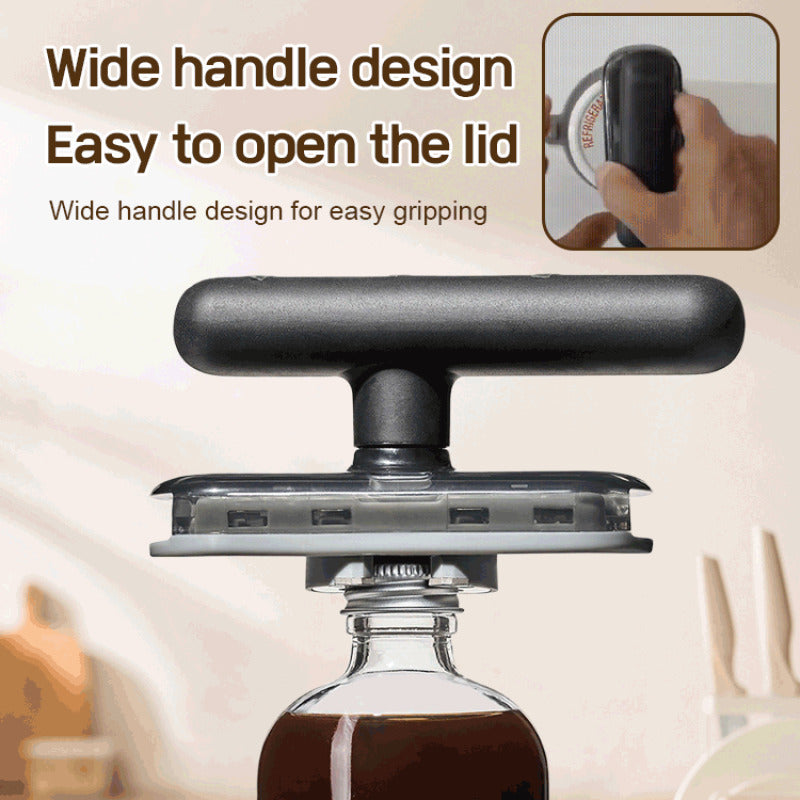 Adjustable manual jar opener for easy lid removal, suitable for various lid sizes. Effortless operation, no power needed. Perfect for home and parties.