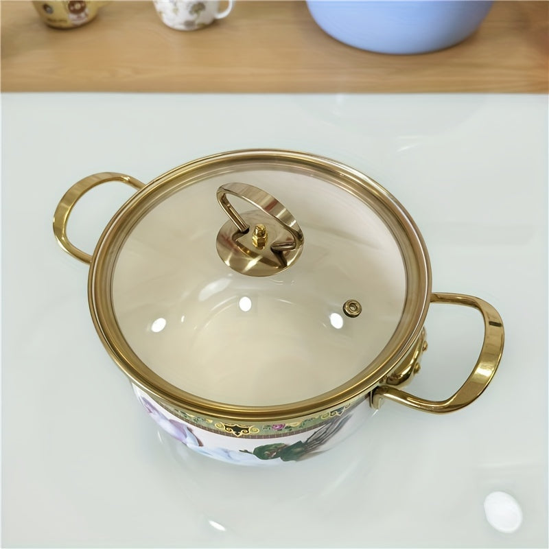 Thickened Enamel Stew Pot with Stainless Steel Handle and Transparent Cover, Suitable for Gas and Electromagnetic Stoves, Easy to Clean