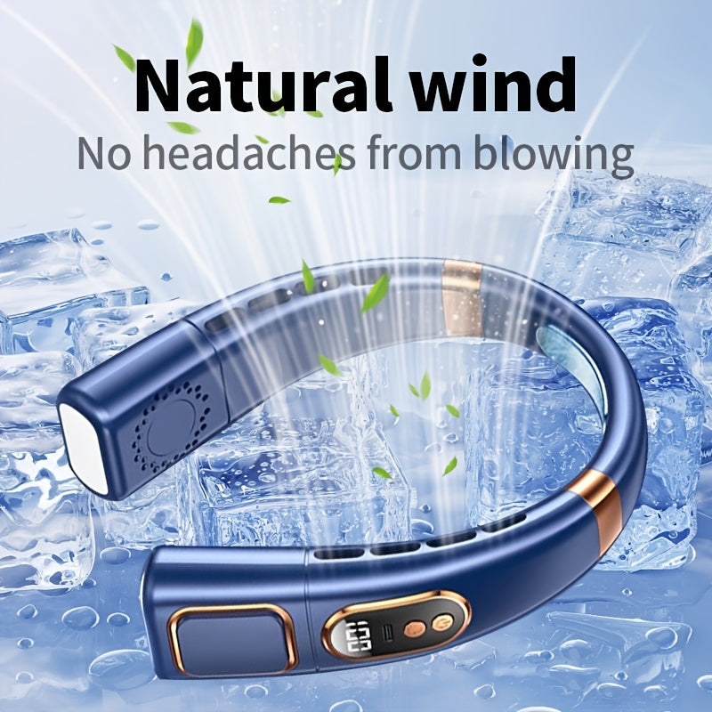 Stay cool on the go with the JKUOO Portable Neck Fan featuring 5 speed settings and 360° cooling capabilities. This fan comes equipped with a 1200mAh rechargeable lithium battery, LED light and screen display, USB charging capabilities, and easy button