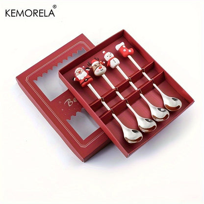 KEMORELA 4/6pcs Stainless Steel Mini Fork and Spoon Set with Q Version Cartoon Design for Christmas and Halloween festivities. Perfect holiday gift.