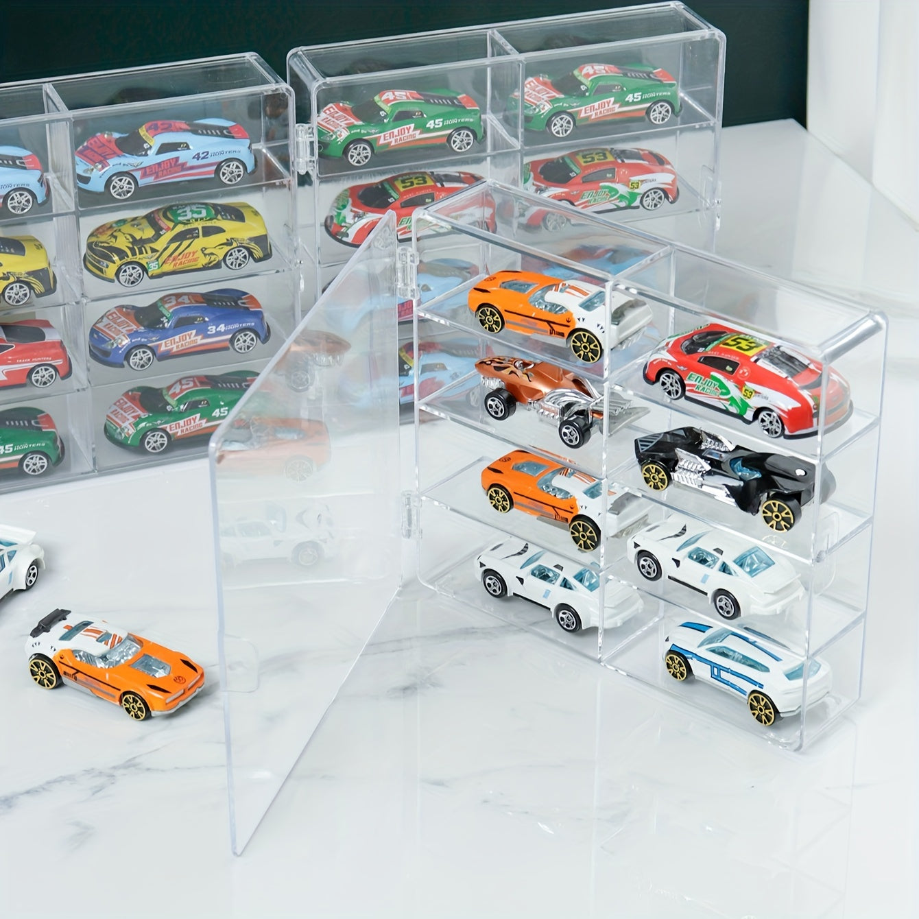 8-compartment toy car storage box with transparent organizer for alloy cars.