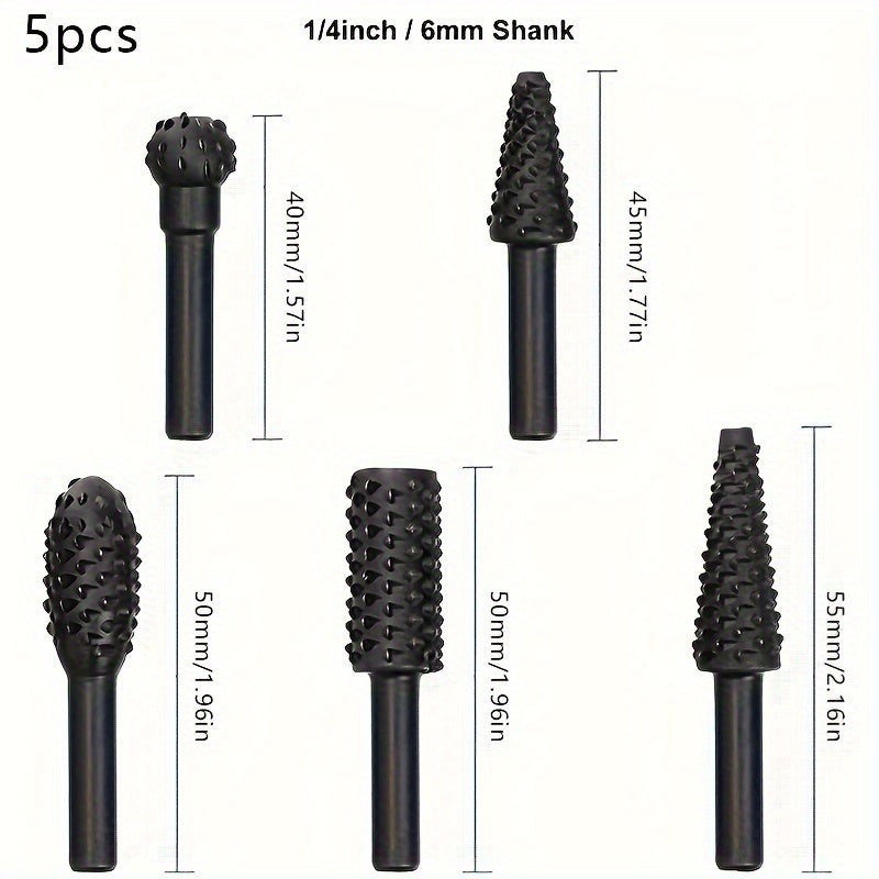 5/10pcs Wood Carving File Rasp Drill Bit Set, 1/4" 6mm, DIY Woodworking Rotating Chisel Shaped Burr Power Tools.