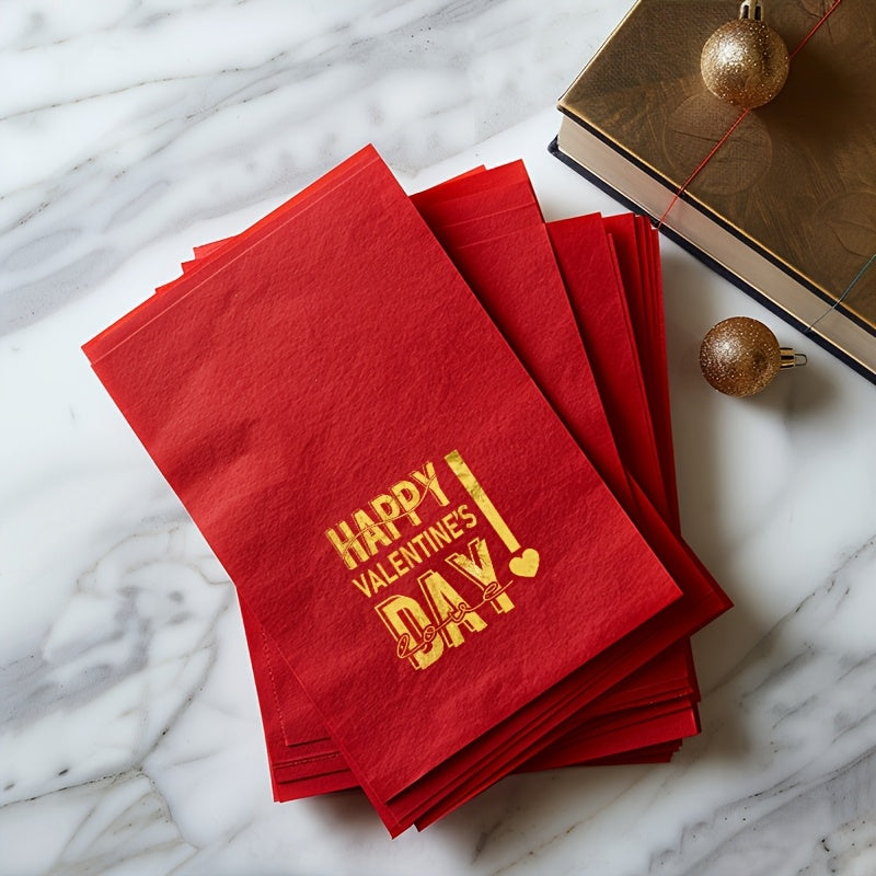 Pack of 20 Valentine's Day Paper Napkins with Golden Foil Stamped Design, Folded in Trifold Style for Wedding and Anniversary Celebrations