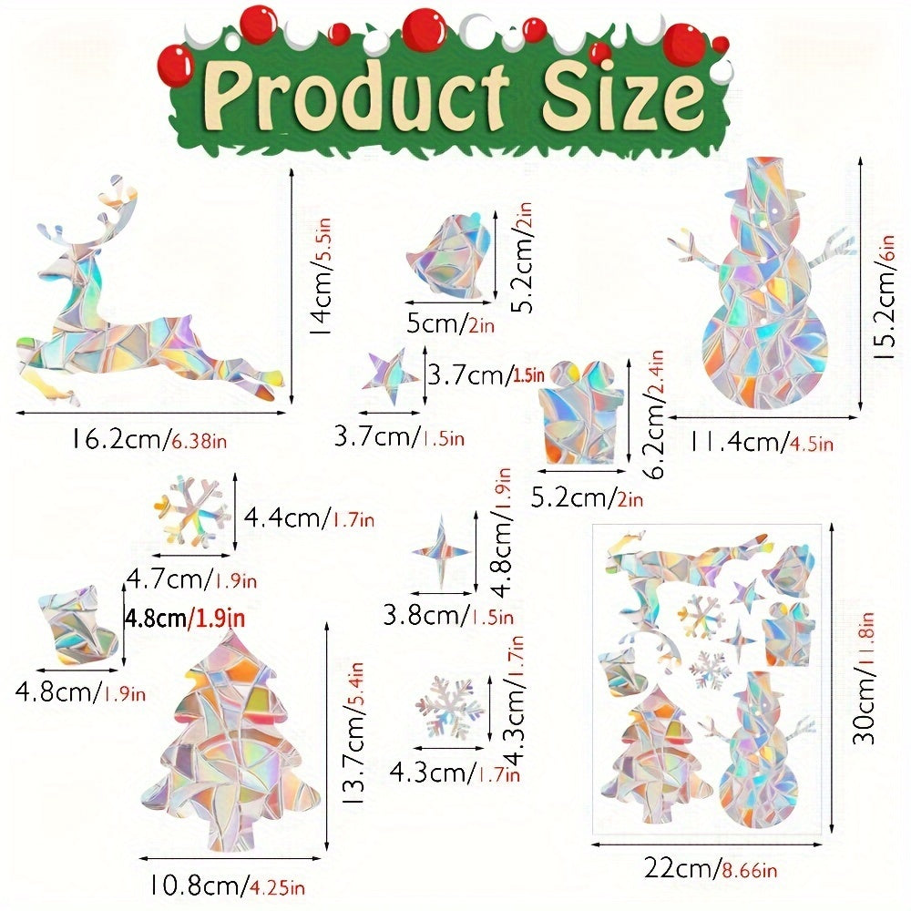 Многоразовые статические клеевые ПВХ наклейки на стекло, классический стиль радуги призма, набор наклеек для окон с рождественскими праздничными птицами и снежинками для новогоднего декора, 5 мил толщиной, глянцевая отделка.