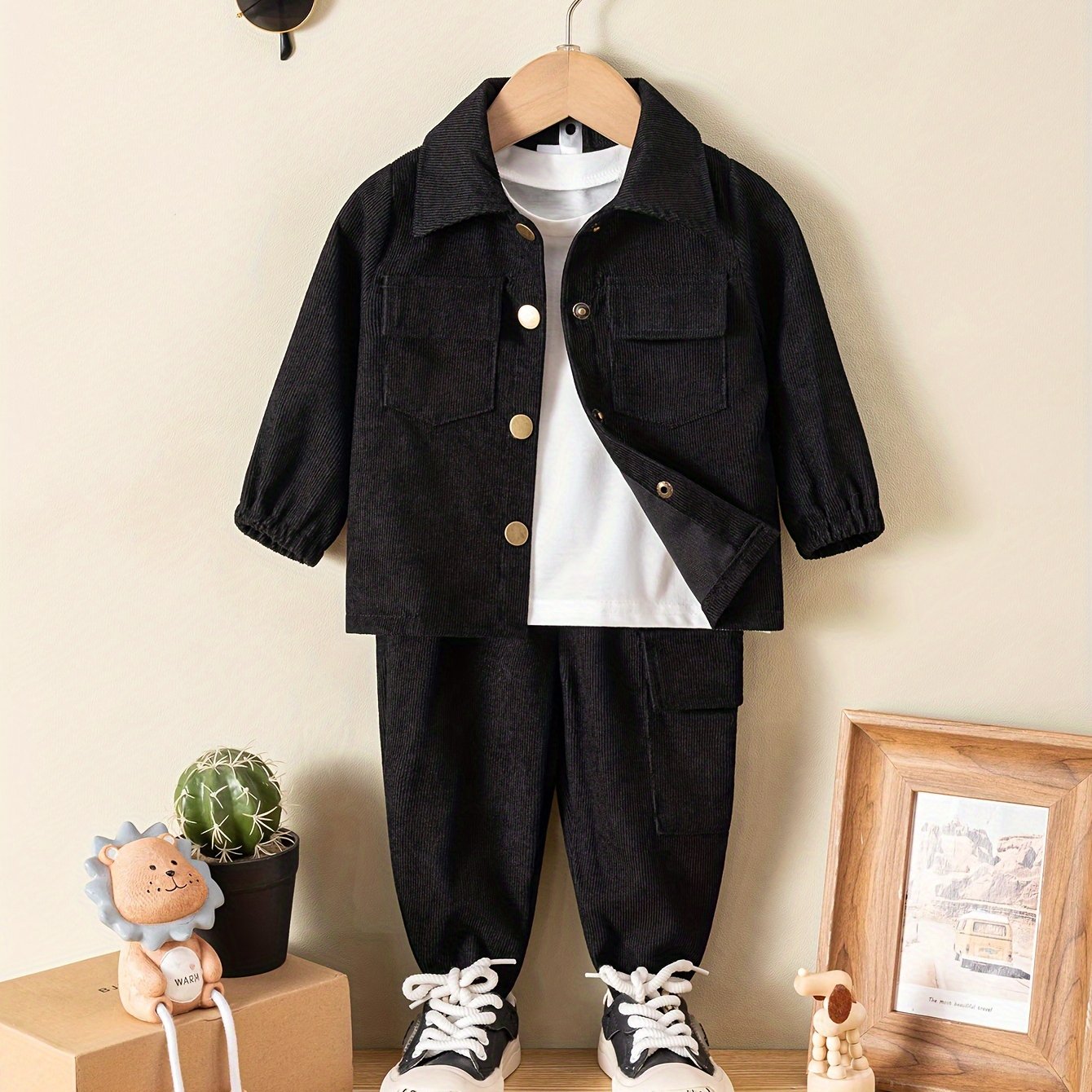 Kids casual outfit set includes stand collar long sleeve shirt coat top with long pants. Made of 100% polyester, suitable for all seasons. Regular fit with solid color and button detail.