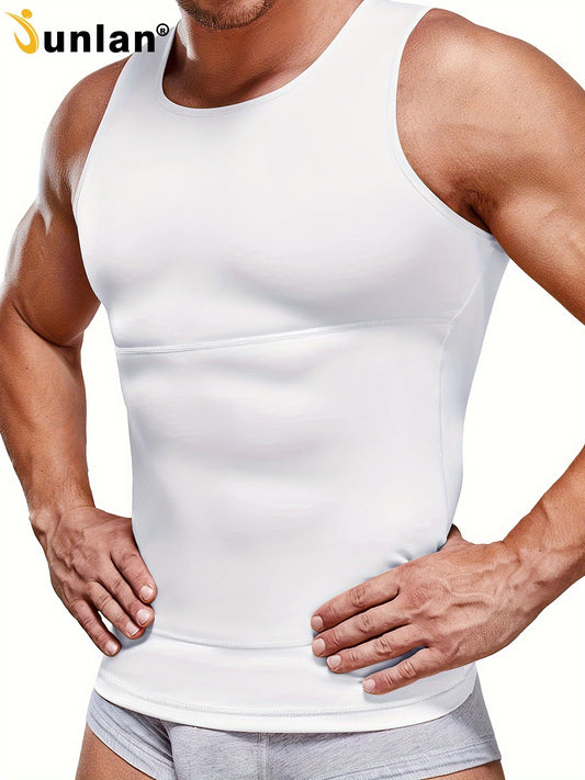 Junlan Men's Compression Sleeveless Shirt with high-stretch nylon and spandex blend fabric, solid color, skinny fit, and crew neck for workout and casual wear all year round.