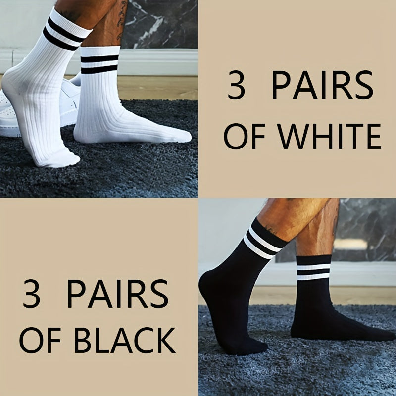 6 pairs of men's trendy striped crew socks, perfect for outdoor and all-season wear