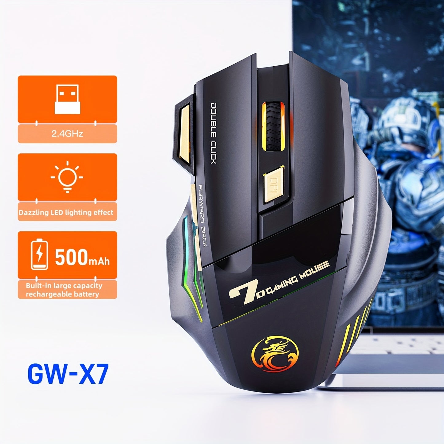 MCPIWOHY Gaming Mouse: 2.4G Wireless, RGB Light, 7 Buttons, Rechargeable Battery, Type-C Charging, 7200 DPI, Right-Handed, Windows 10, LaptopWireless.