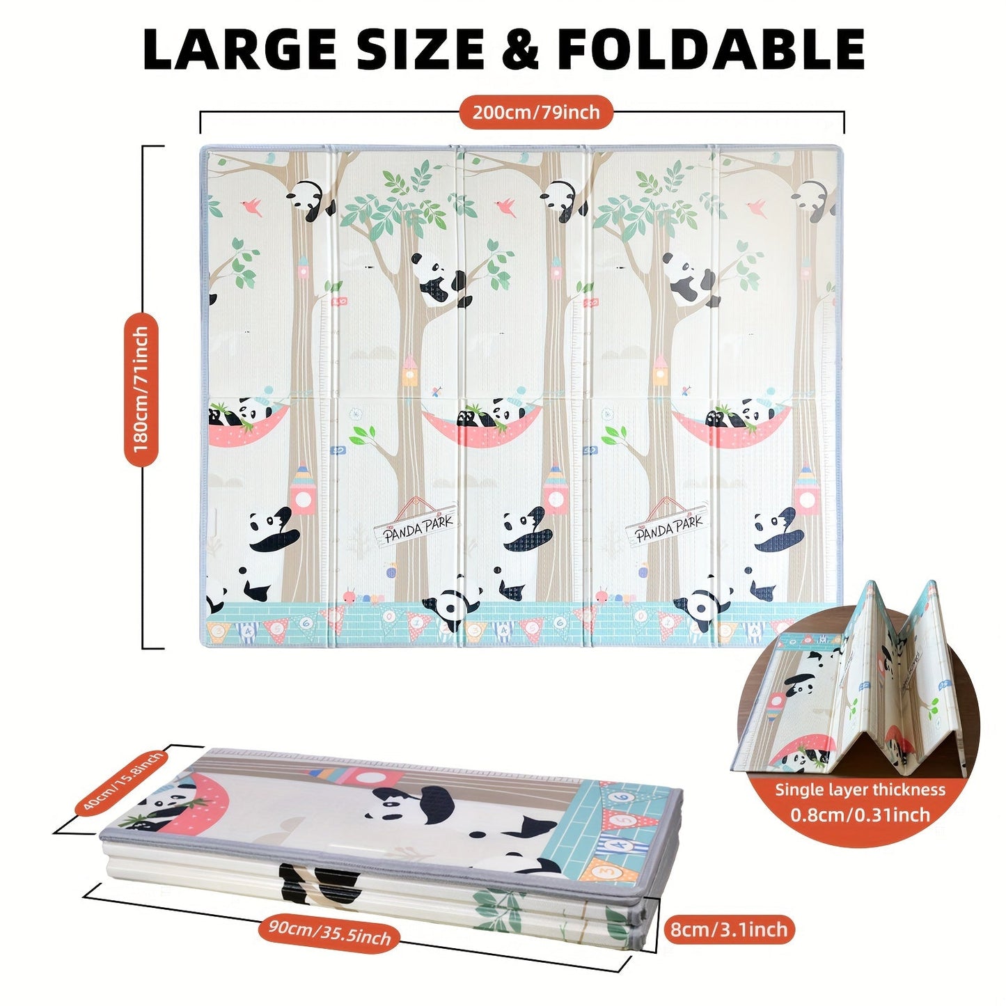 Easily cleanable young kids' play mat with cute panda design, double-sided and foldable, made of non-toxic PE material, perfect for early learning and bedroom playtime, measures 200.66cm x 180.34cm.