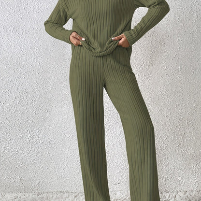 Women's Ribbed Lounge Set, Drop Shoulder V Neck Top & Pants, Relaxed Fit for Fall & Winter