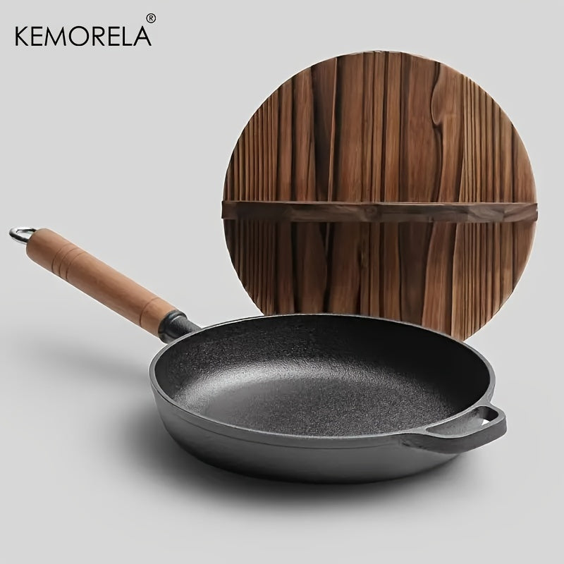 Experience the quality of the KEMORELA Premium Cast Iron Skillet. This uncoated, non-stick cookware is versatile and suitable for gas, electric, and induction stoves. Perfect for cooking steak, omelets, and more, this skillet features wooden anti-scald