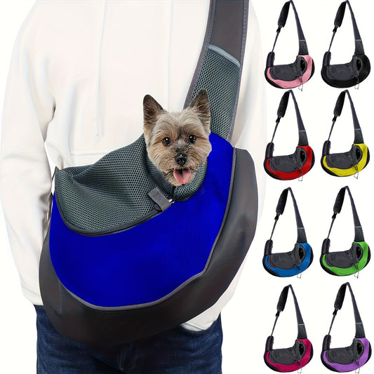 Zippered dog sling carrier for travel with breathable mesh, perfect for outdoor adventures with your puppy or cat.