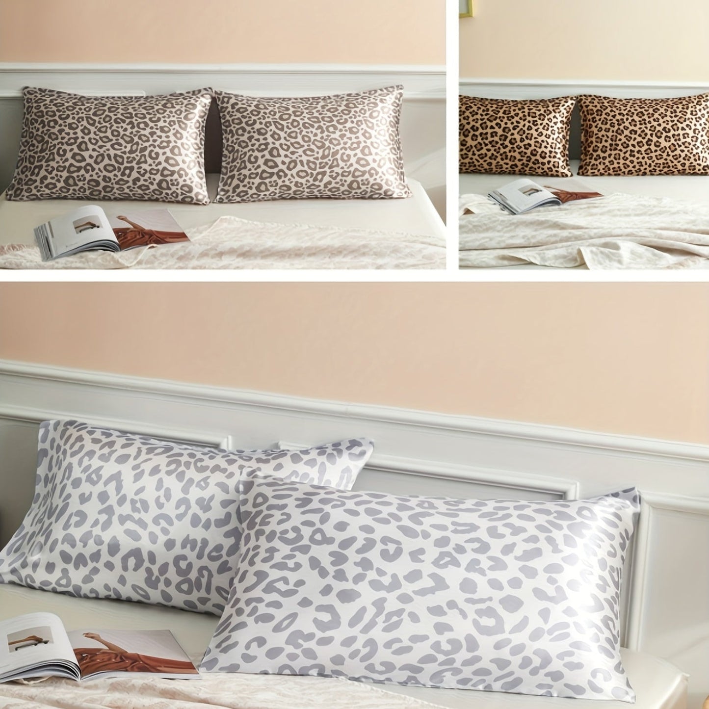 Two pieces of satin pillowcases with leopard print design