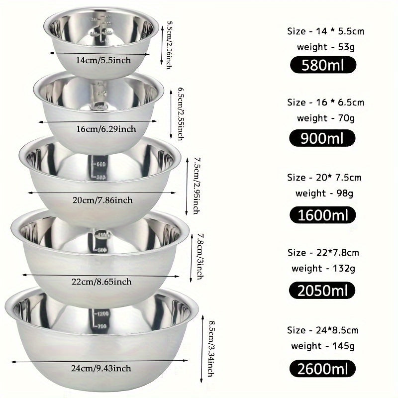 Set of 5 Stainless Steel Mixing Bowls with Non-Slip Base - Reliable and Food-Safe Kitchen Bowls for Long-Lasting Use