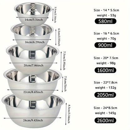 Set of 5 Stainless Steel Mixing Bowls with Non-Slip Base - Reliable and Food-Safe Kitchen Bowls for Long-Lasting Use