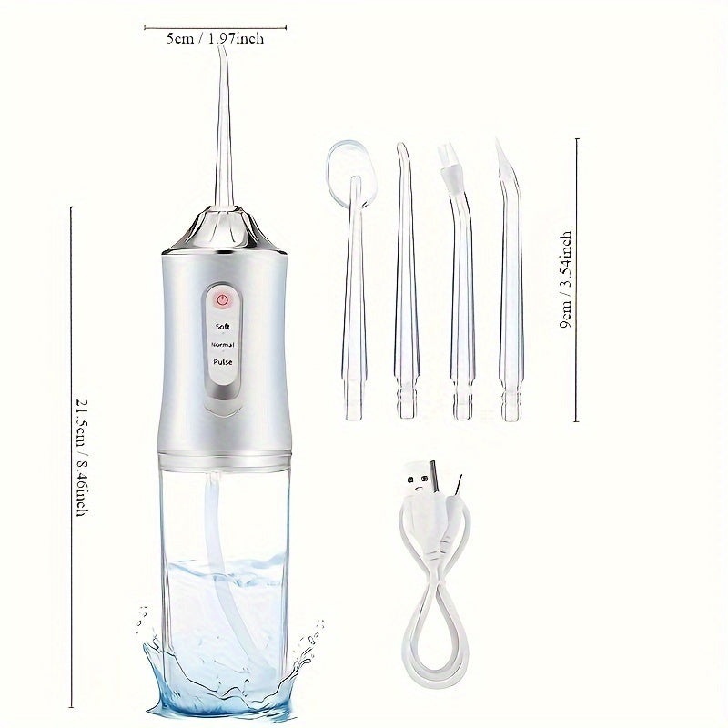 1 portable oral irrigator with USB rechargeable feature, 800mAh lithium battery, 3 cleaning modes, 4 jet tips for teeth cleaning and gap residue removal.