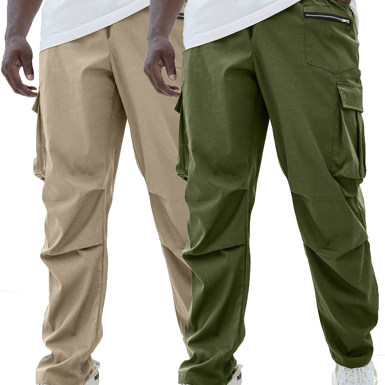 Set of 2 men's plus size cargo pants in solid color polyester with pockets, drawstring, and zipper details. Non-stretch woven for all-season wear.