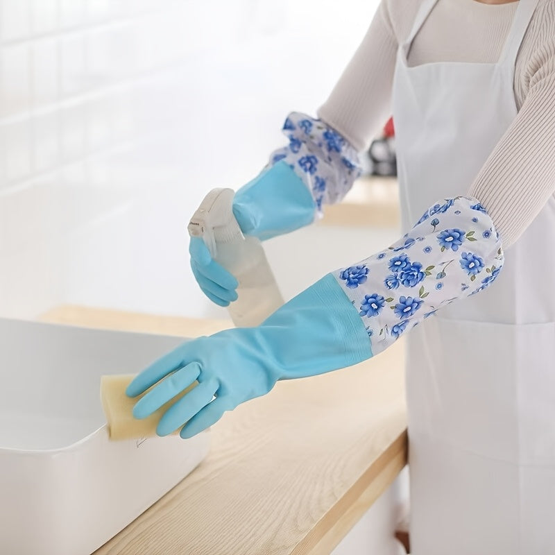 Get ready for all your cleaning needs with this pair of premium plush thickened rubber gloves! These unisex gloves are waterproof and perfect for kitchen dishwashing, household chores, outdoor gardening, laundry, car washes, and more. Made from durable