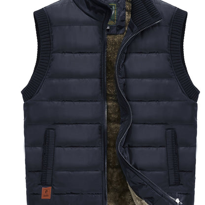 Men's Winter Vest - Olive Green, Zipper, Fleece-Lined, Ribbed Collar & Cuffs