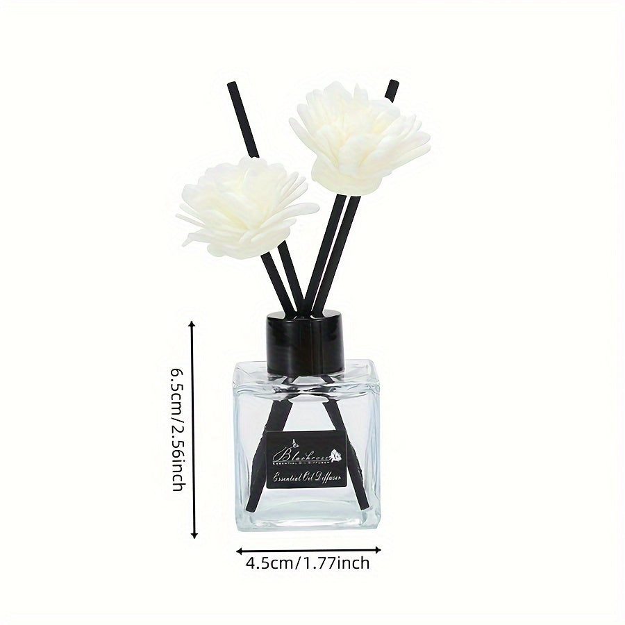 50ml large flameless aromatherapy bottle with diffuser reeds in transparent glass container.