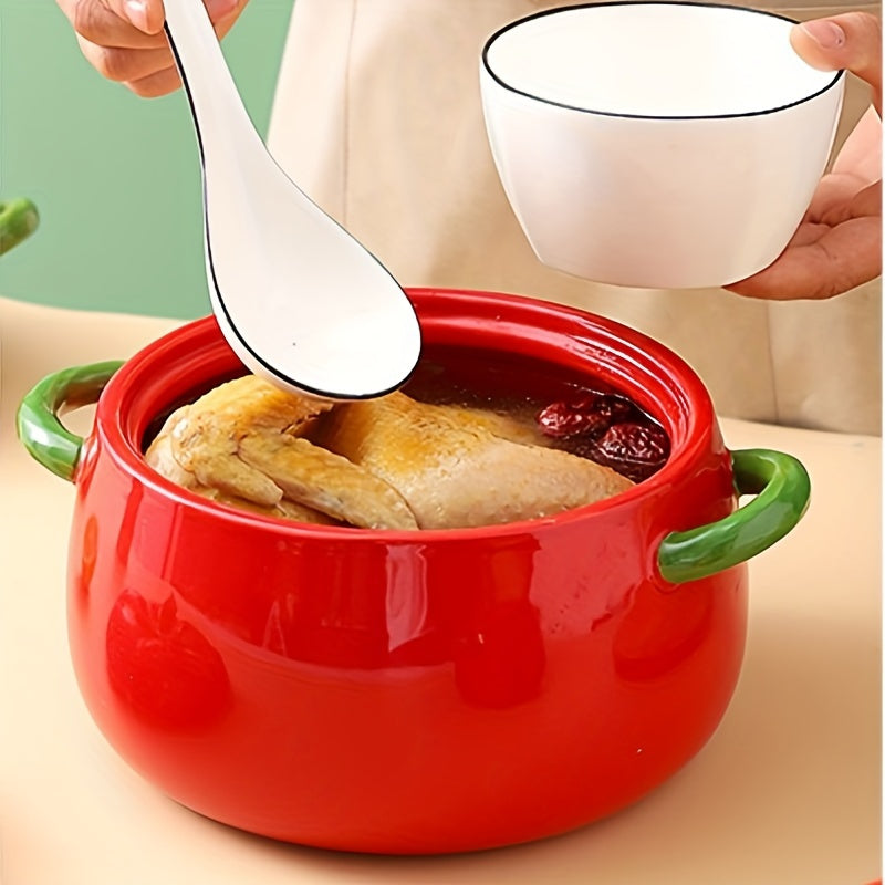 Large soup and salad bowl made of ceramic in the shape of a tomato, comes with a lid. Dishwasher safe and perfect for use in kitchens and restaurants. Makes for a unique gift idea.