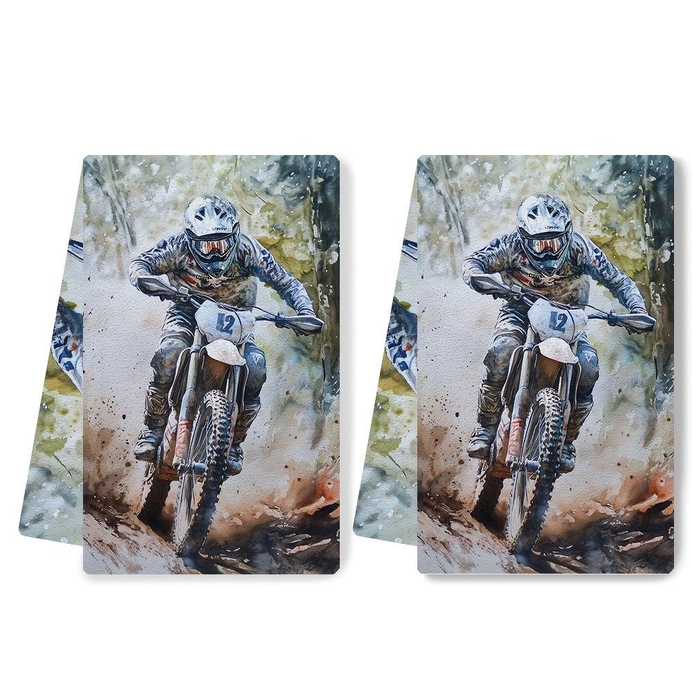 Set of 2 Ultra Soft Kitchen Towels with Enduro Bike Rider Design, Super Absorbent & Easy to Clean Dish Hand Towels, 40.64x60.96 cm - Ideal for Holiday Decor and Daily Use, Kitchen Towels