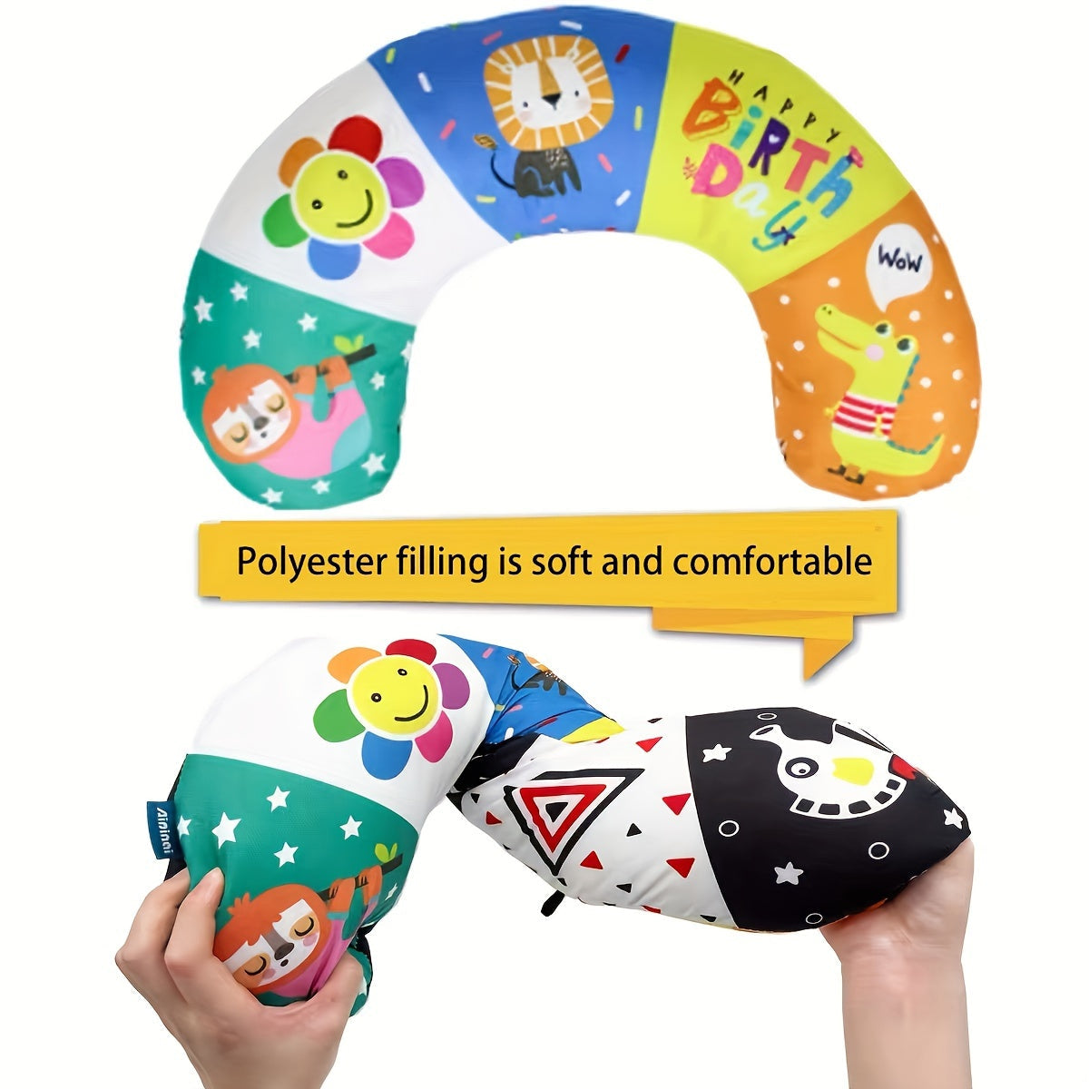 CEKCEK Tummy Time Pillow is a U-shaped head-lifting training cushion designed for young children aged 0-3 years old. This plush animal and shape themed play mat comes with a polyester cover and attached music streamers for added sensory stimulation.