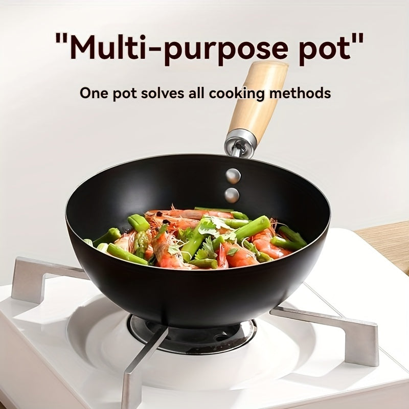 Durable Kitchen Cookware: Non-Stick Single Serving Uncoated Pan with Lid for Gas Ranges - Traditional Chinese Mini Iron Wok