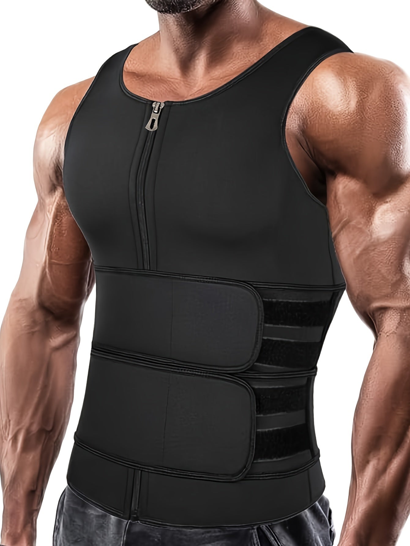 Sleeveless men's workout tank top with zip-up design and waist trainer made of breathable polyester blend, perfect for running and fitness.