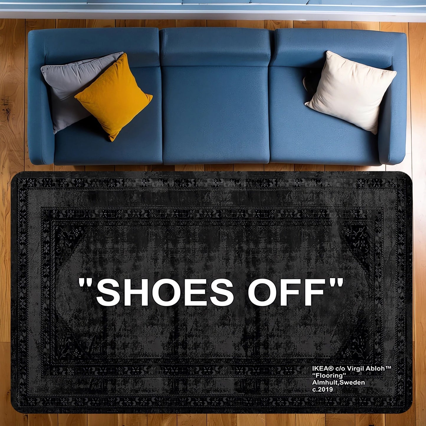 English Pattern Anti-Slip & Stain-Resistant Floor Mat for Living Room - 1pc, 1cm Thick, Hand Washable Polyester Rug with 'Please Take Off Your Shoes' Design.