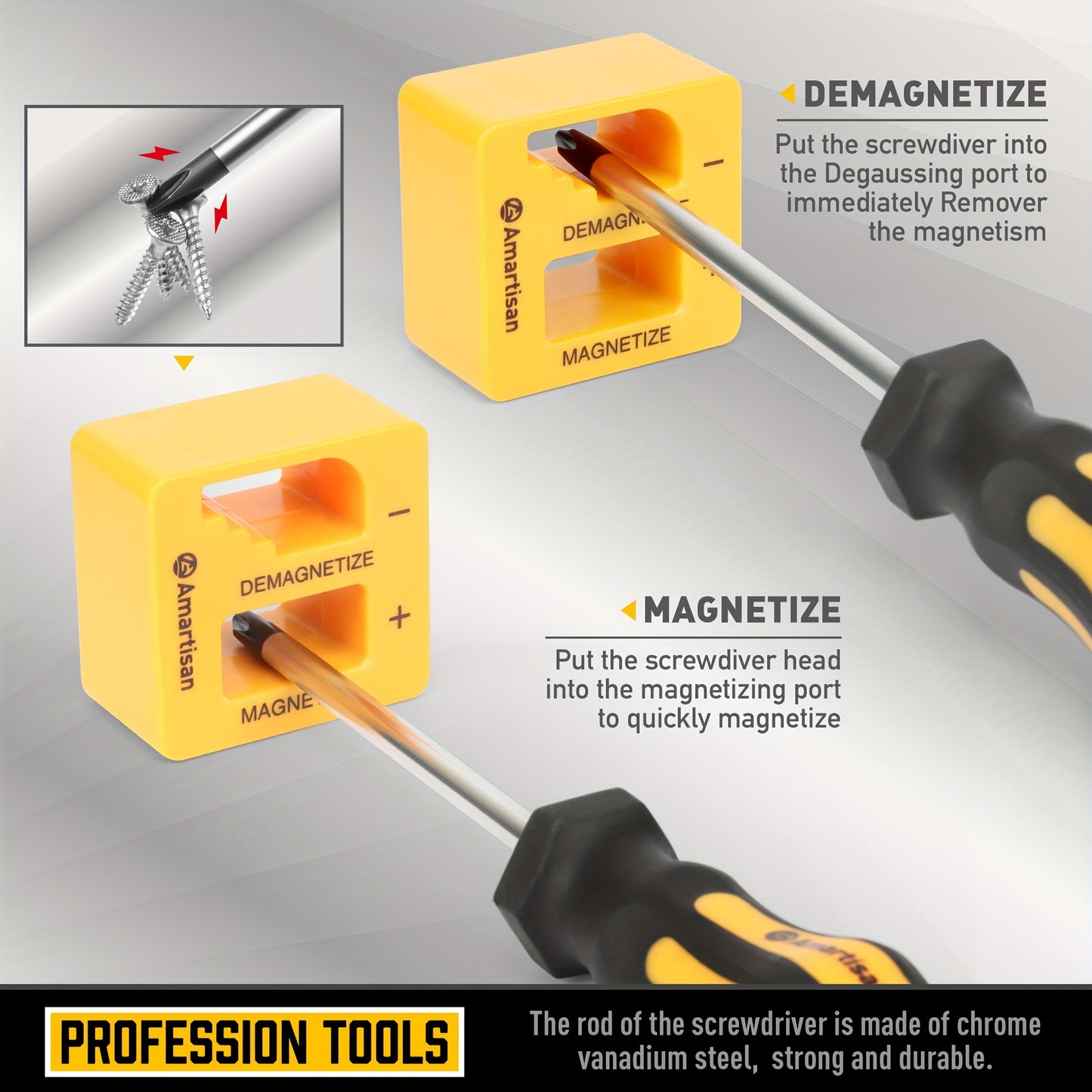 AMARTISAN Magnetic Screwdriver Set with 43 pieces in Black and Yellow, made of Chrome Vanadium Steel. Includes various types of screwdrivers and magnetic demagnetization tools. No battery