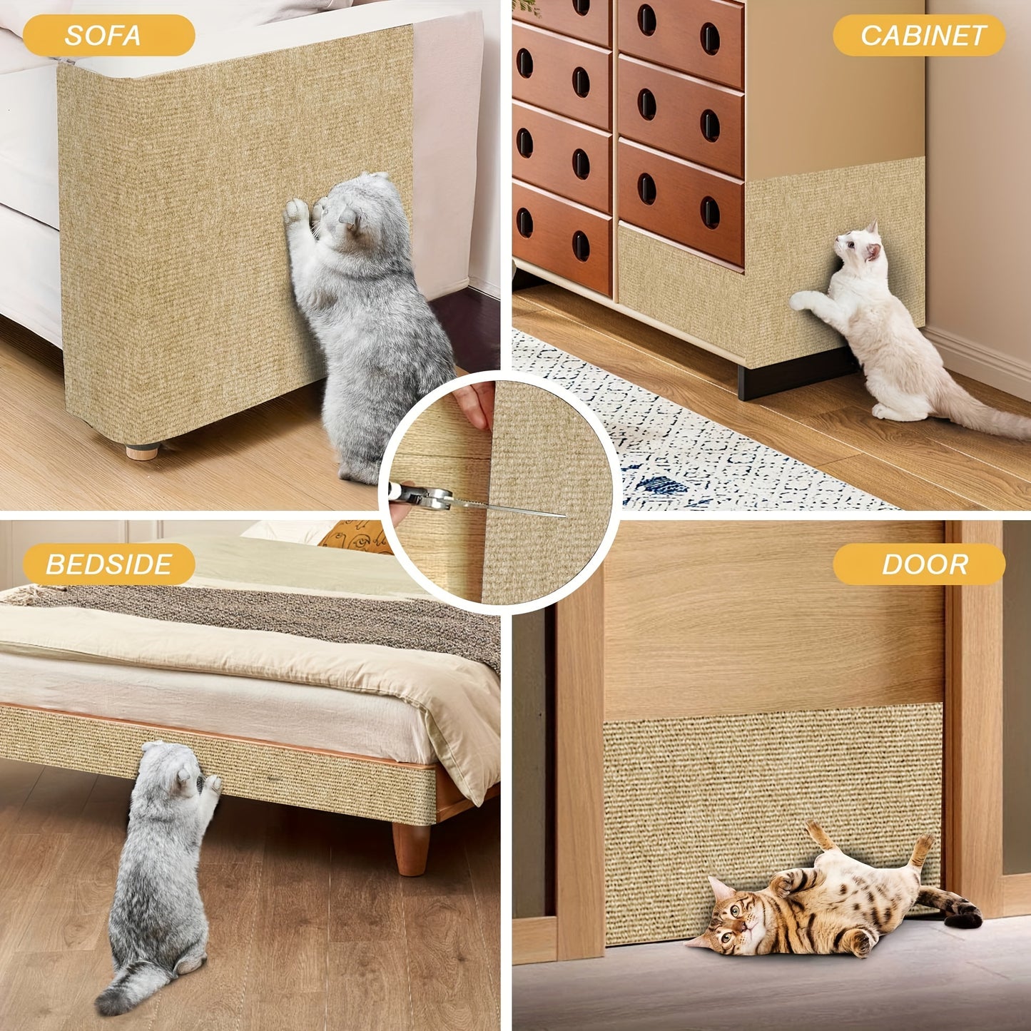 Durable cat scratching mat made of long-lasting polyester, easy to install and customizable for furniture protection and claw care.