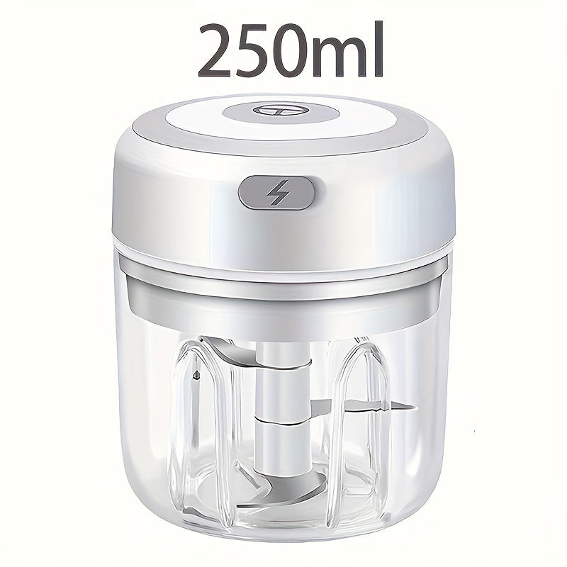 Compact USB rechargeable food blender for outdoor use with 500mAh battery.